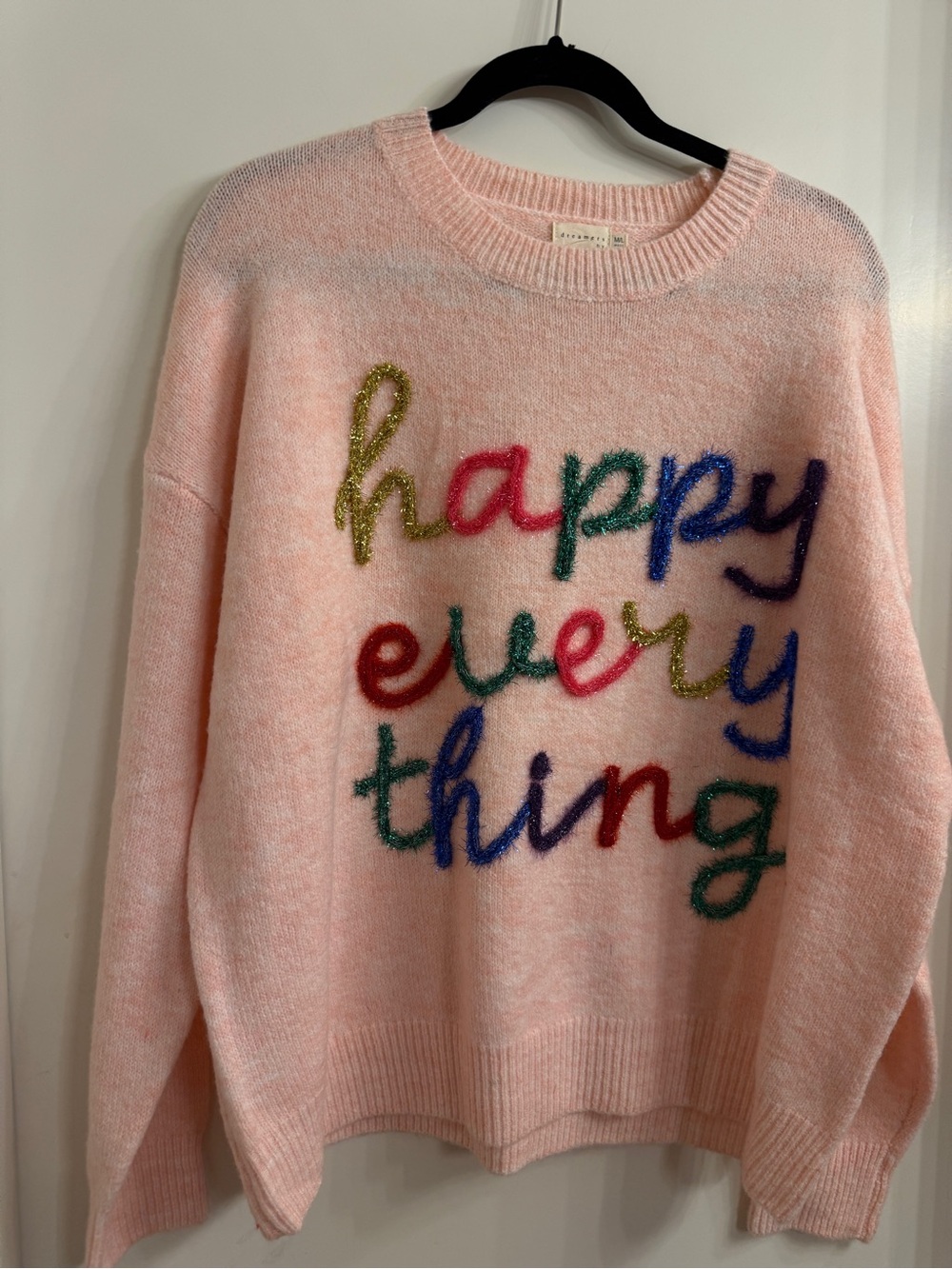 Dreamers Pink Crewneck Sweater with Multicolor 'happy everything' Embroidery